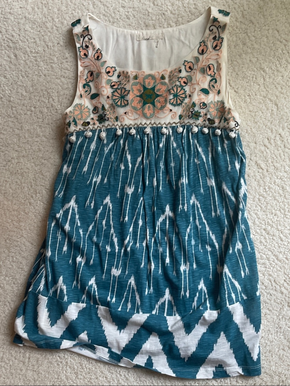 Anthropologie Floreat White sleeveless Teal & Peach Embroidered top